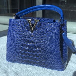 Elegant Blue Crocodile-Embossed Handbag